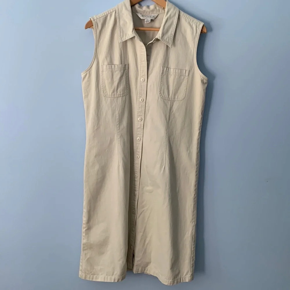 Casual corner annex button down sleeveless khaki dress Y2K size 12 long vest